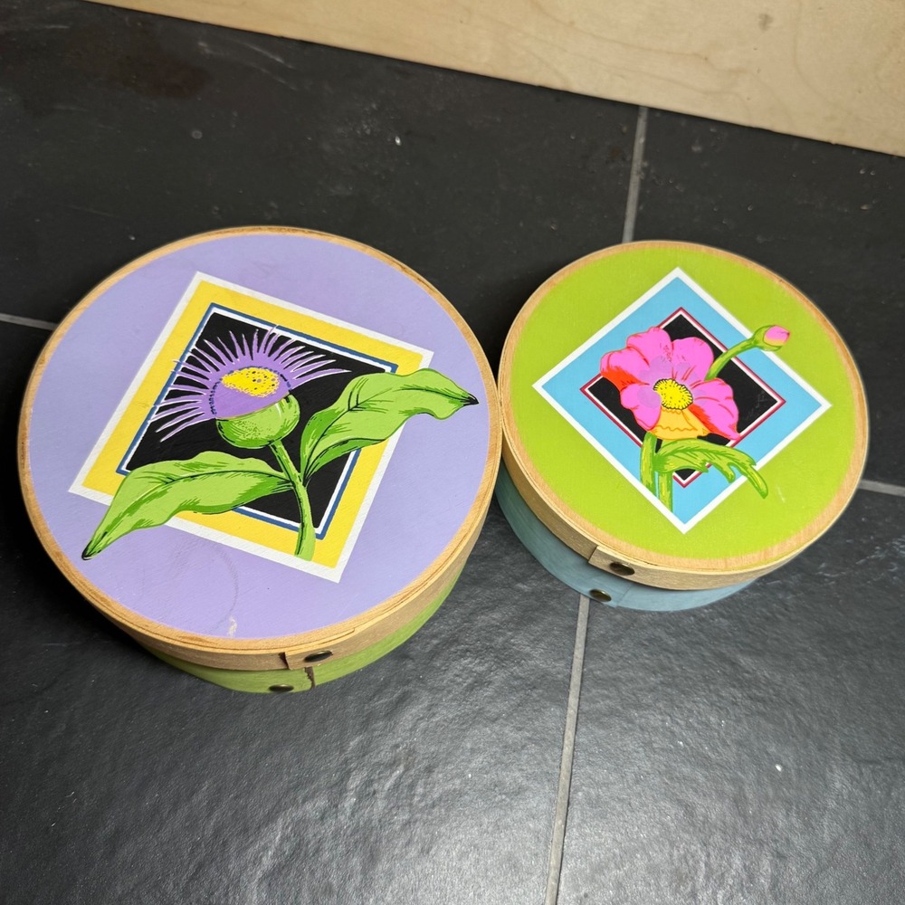 Vandor Vintage Round Wooden Floral Trinket Boxes Set‎ of 2 Handpainted 1980s